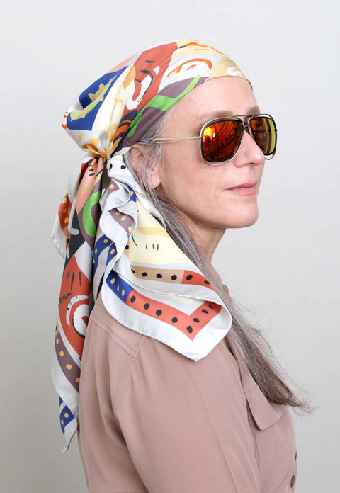 printed silk scarf in light colors, perfect as a head scarf