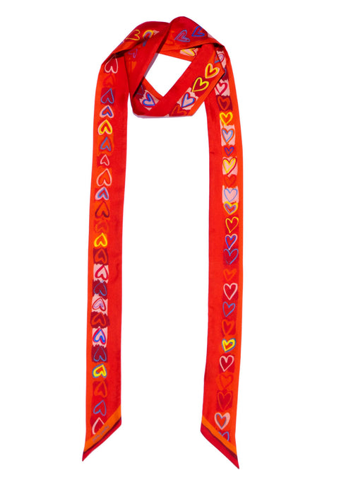 Skinny red twill silk scarf with printed hearts