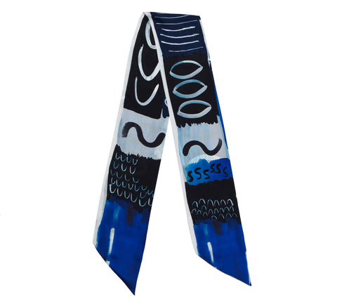 printed twilly, twilly scarf, dikla levsky, blue scarf, indigo and black ethnic scarf