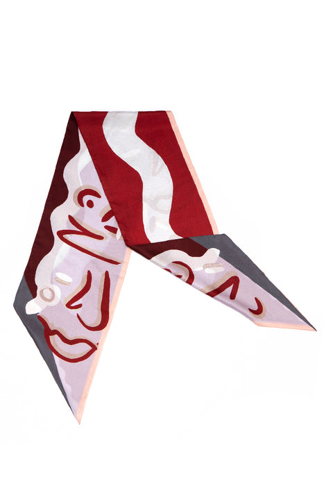 Maroon and soft pink printed scarf, reversible twill bias cut scarf