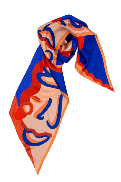 Enigma silk scarf in vibrant red and cobalt blue