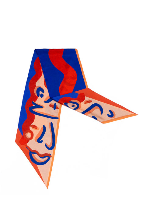 Enigma silk scarf in vibrant red and cobalt blue