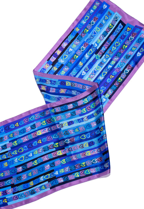 Printed silk satin scarf with blue hearts
