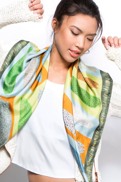 designer scarf by dikla levsky, printed silk square in green, ochre and light blue
