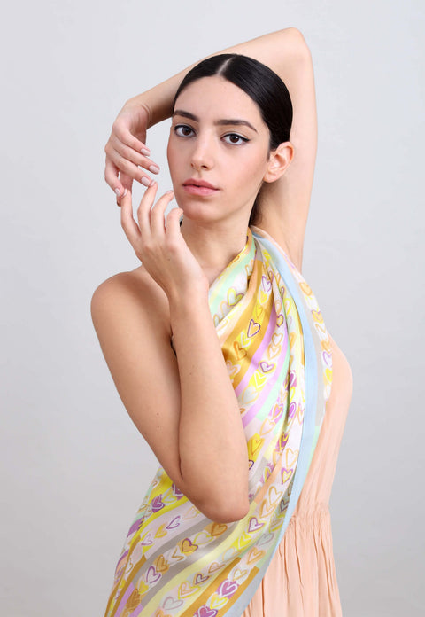 romantic silk scarf, printed with hearts in soft colors