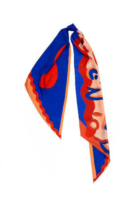Enigma silk scarf in vibrant red and cobalt blue