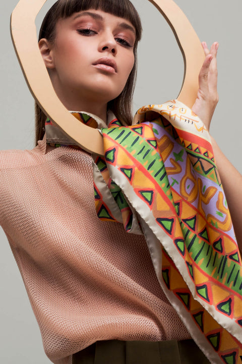 square scarf, silk scarf, printed silk scarf in orange and green, dikla levsky, made in italy