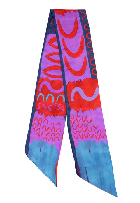 printed silk twill narrow scarf in vibrant red and purple