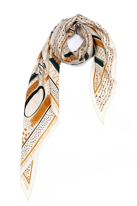 Giant triangle in silk twill, Printed white ethnic 100% silk scarf