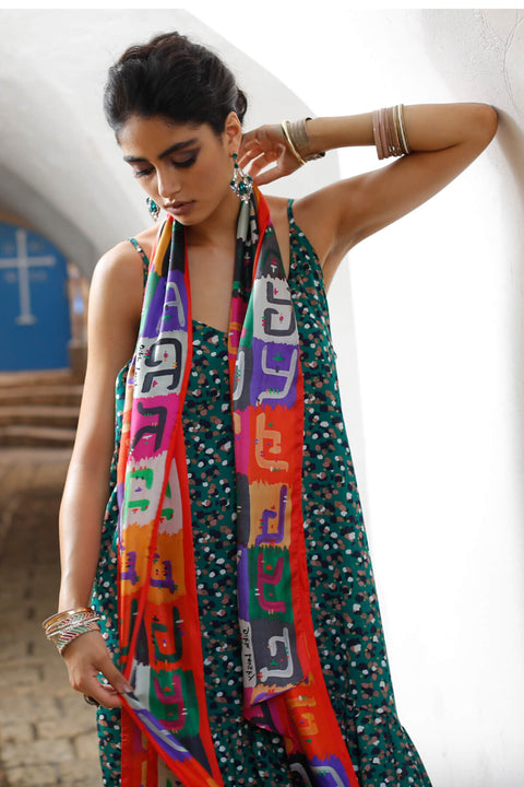 twilly silk scarf, red printed extra long scarf, ethnic scarf, dikla levsky
