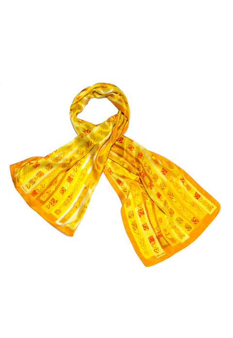 Printed silk scarf, Yellow long scarf with hearts by Dikla Levsky