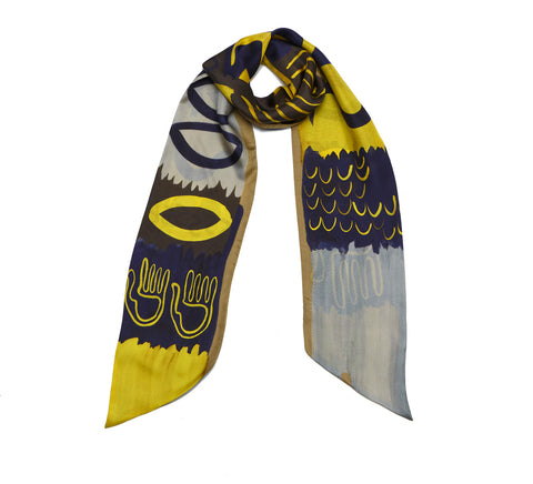 printed silk twilly, yellow double sided silk twill scarf, ethnic scarf by dikla levsky