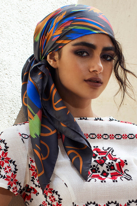 printed silk scarf. how to wear a silk scarf, grey printed scarf, italian silk, dikla levsky, ethnic scarf, foulard soie