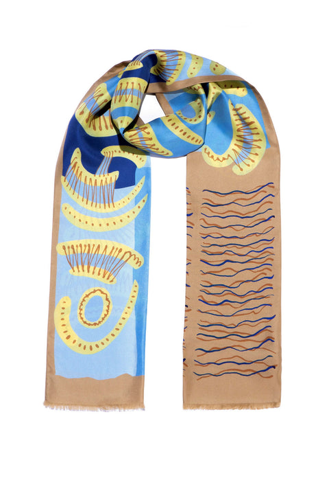 printed silk scarf in light blue and tan brown. Narrow twill silk designer scarf by Dikla Levsky