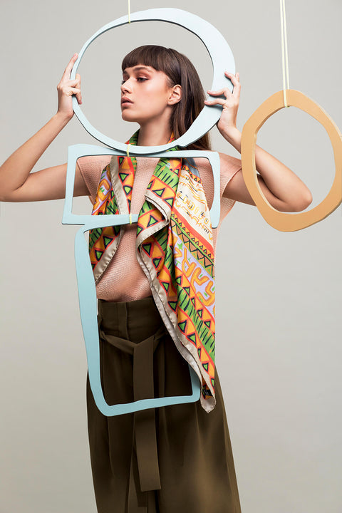 printed scarf, silk scarf, square twill silk scarf, foulard soie, dikla levsky, orange and green, made in italy