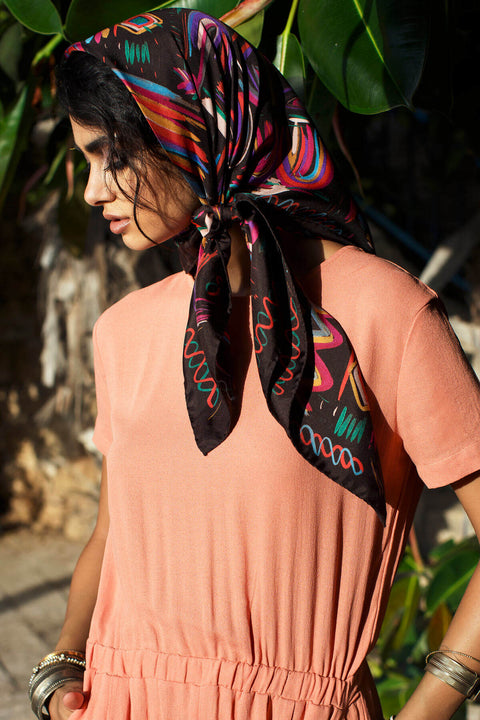 colorful square silk scarf, printed twill chocolate scarf by dikla levsky
