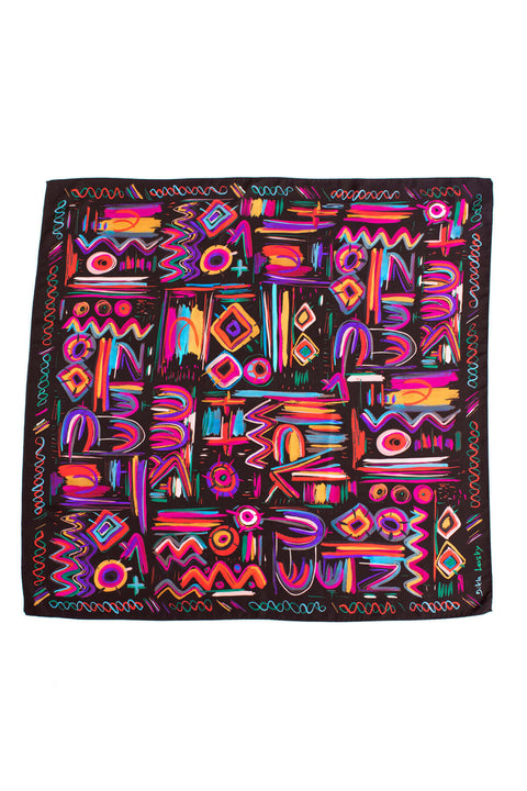 printed silk scarf, colorful wthnic printed twill silk scarf by dikla levsky, chocolate scarf with pink and purple