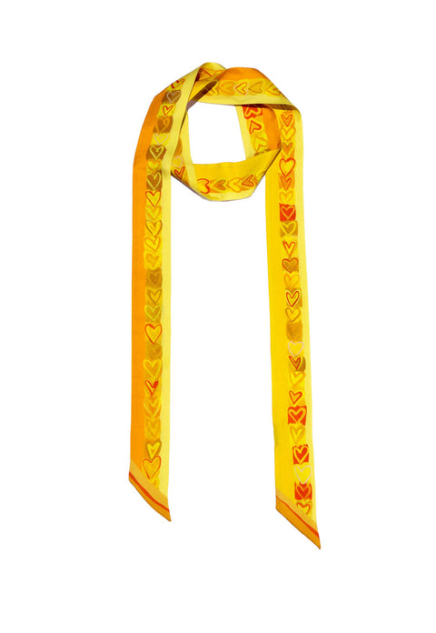 Yellow twilly silk scarf, Long and narrow scarf with printed hearts by Dikla Levsky