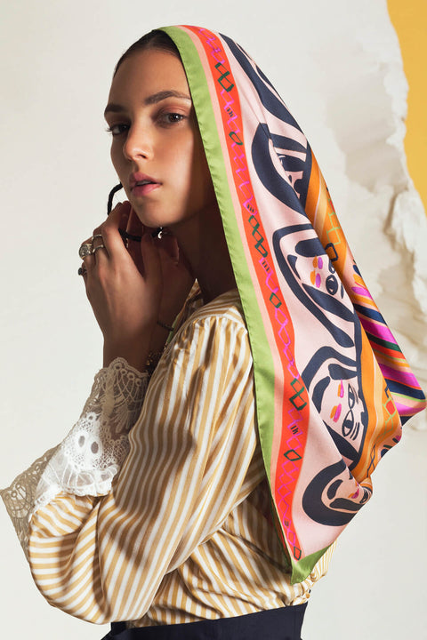 printed silk scarf, faces square scarf in ochre, green and pink, by dikla levsky