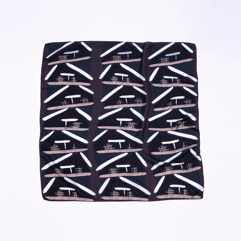 Printed square silk medium sized scarf in Black, White and Taupe.