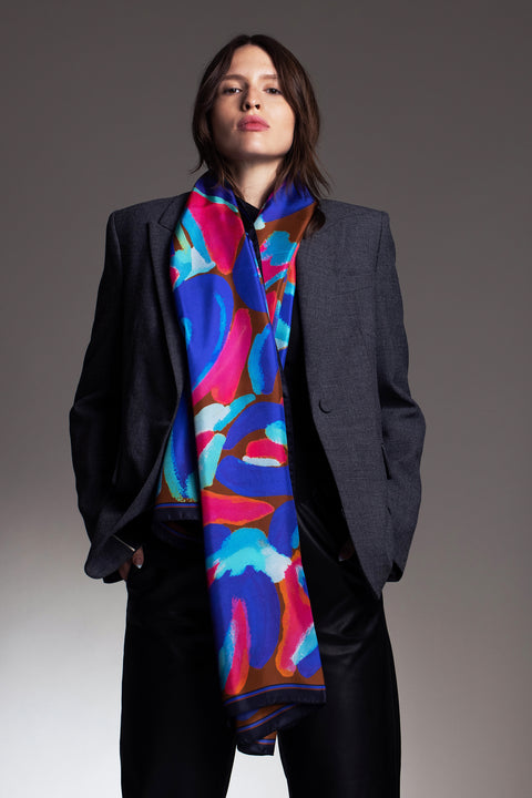Printed long rectangular silk scarf with abstract florals