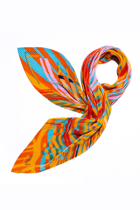Printed Plisse silk scarf in vibrant colors, Finger Print pleated scarf in orange by Dikla Levsky for Icialabas