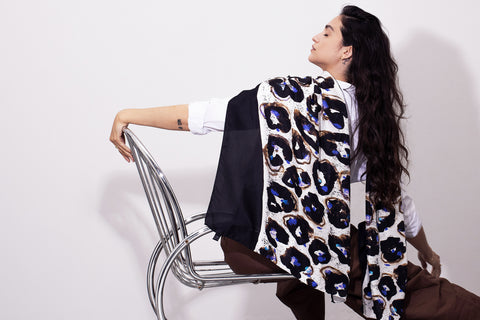 Black and white printed floral silk long scarf with electric blue touches. Abstract twill scarf by Dikla Levsky