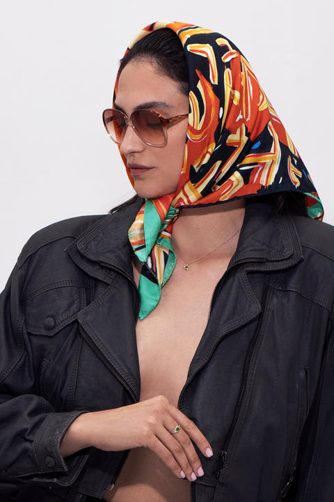 Printed small silk twill scarf, Multicolored designer head scarf
