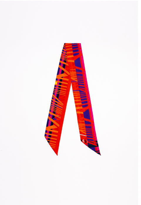 Narrow shape barcode printed silk scarf scarf in vibrant red and purple and diagonal edges