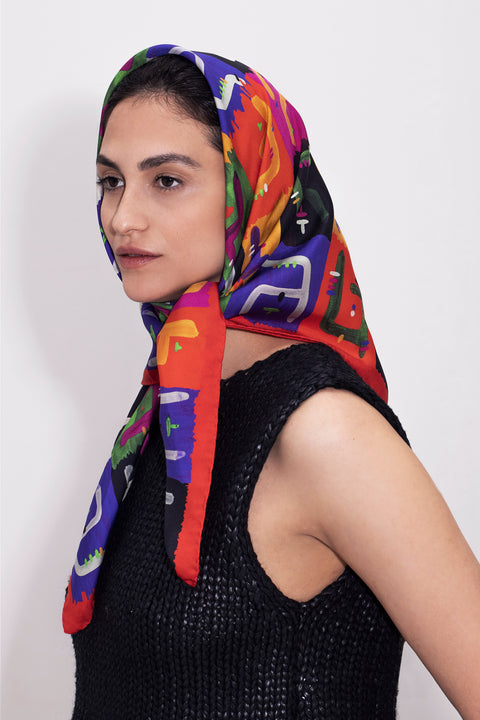 Printed square silk scarf in vibrant colors, Original designer Gibberish printed scarf, Made in Italy