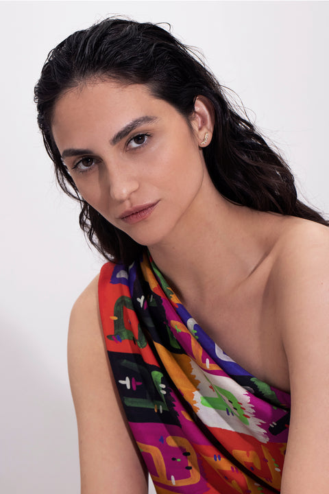 Printed square silk scarf in vibrant colors, Original designer Gibberish printed scarf, Made in Italy