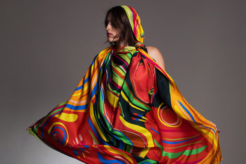 Printed silk multicolored Pareo, Huge square twill scarf