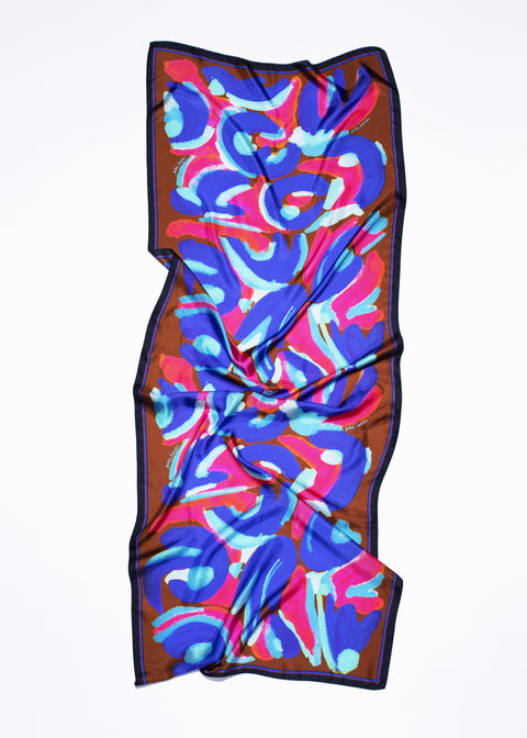 Printed long rectangular silk scarf with abstract florals