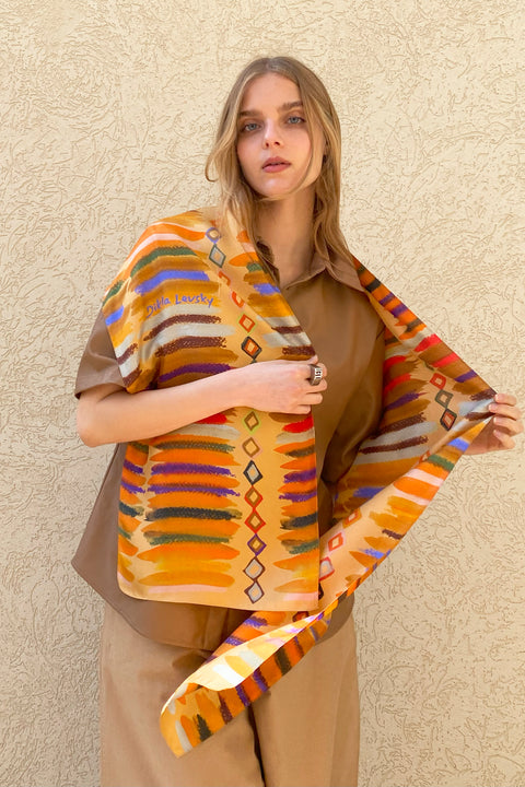 Back in stock: Diamonds and Stripes printed silk scarf in orange