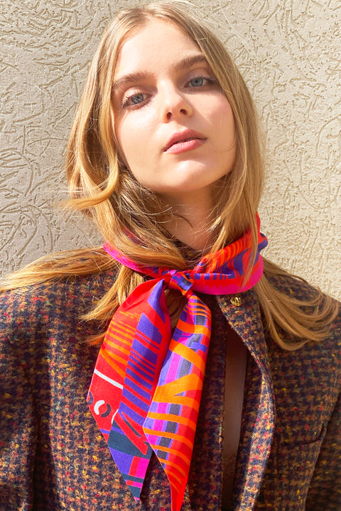 Narrow shape barcode printed silk scarf scarf in vibrant red and purple and diagonal edges