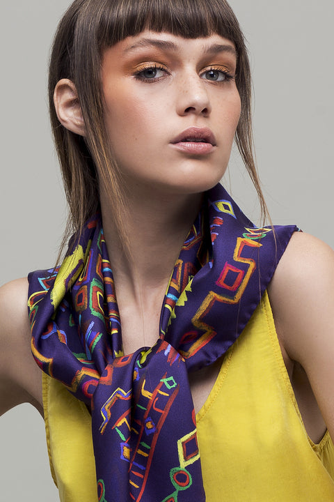 Printed square silk scarf with ethnic inspired design