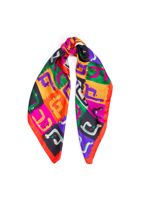 Printed square silk scarf in vibrant colors, Original designer Gibberish printed scarf, Made in Italy