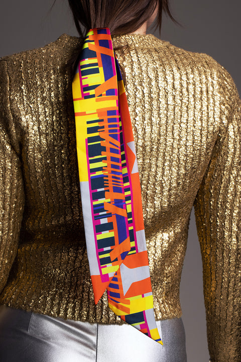 Printed skinny scarf made from silk twill ,Long and narrow multicolored scarf with diagonal edges