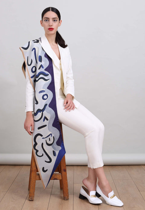 Blue and White printed silk scarf, Double sided twill long twill scarf by Dikla Levsky