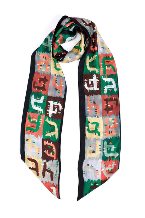 printed long silk scarf, silk twilly scarf, dikla levsky, ethnic scarf, luxury accessories, skinny scarf, double sided printed silk scarf, scarf style, fashion accessories