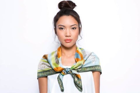 Ihlosi square silk scarf in green and ochre