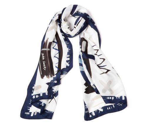 silk scarf, airy scarf, summer scarf, printed blue and white scarf, shawl, indigo modern shawl, dikla levsky