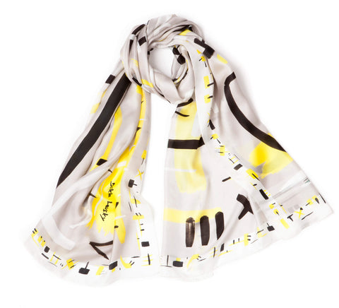printed light scarf, printed silk scarf, silk airy scarf, grey modern scarf, long silk shawl. dikla levsky, luxury scar