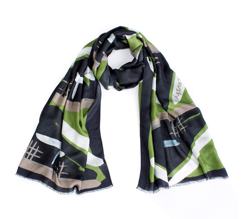 Printed shawl; Dikla Levsky; Printed Scarf; cashemer shawl; Long Scarf; olive scarf; modal and cashmere; Made In Italy; Luxury Accessories; Designer Scarf; Ethnic Scarf; Oblong shawl; light airy scarf; olive and black; gift for her, luxury fashion