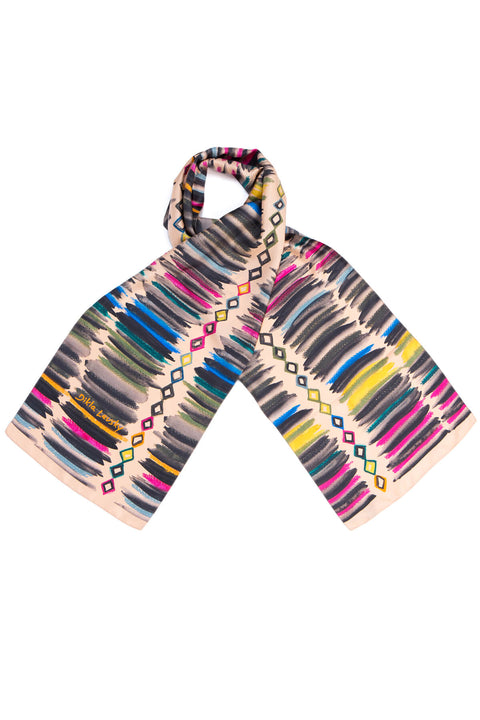 printed silk scarf, long twill scarf, made in italy, dikla levsky, stripes and diamonds scarf in powder