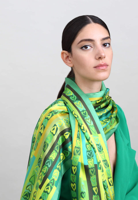 Printed silk scarf, Green scarf with hearts, Designer scarf