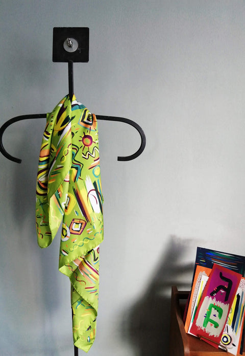 Printed square silk twill scarf in Lime