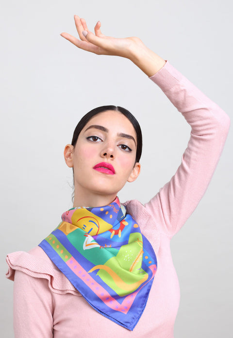 Printed square silk twill scarf. colorful foulard soie