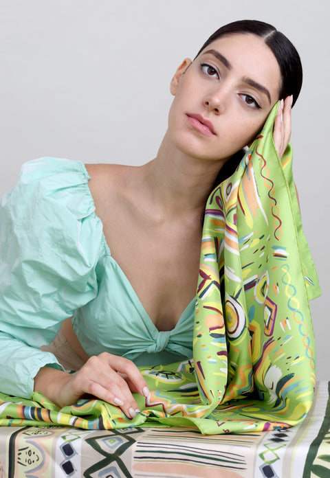 printed silk scarf, lime scarf, square silk foulard by Dikla Levsky