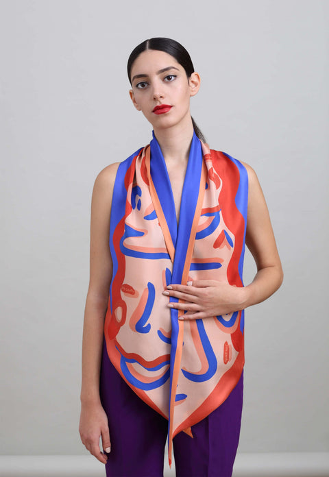 printed silk scarf in vibrant red and cobalt blue, reversible printed scarf